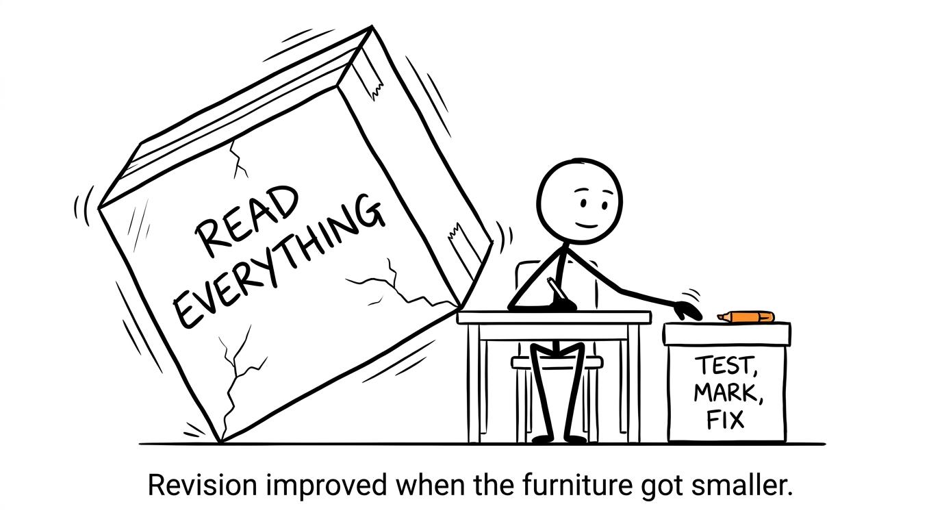A student choosing a small test, mark and fix box instead of an enormous read everything box