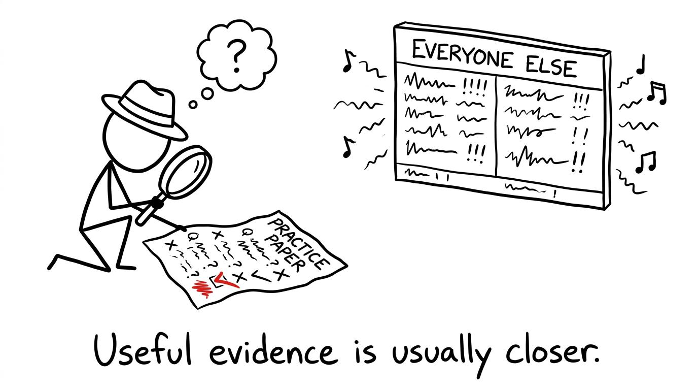 A student detective studies their own marked paper instead of an everyone-else scoreboard