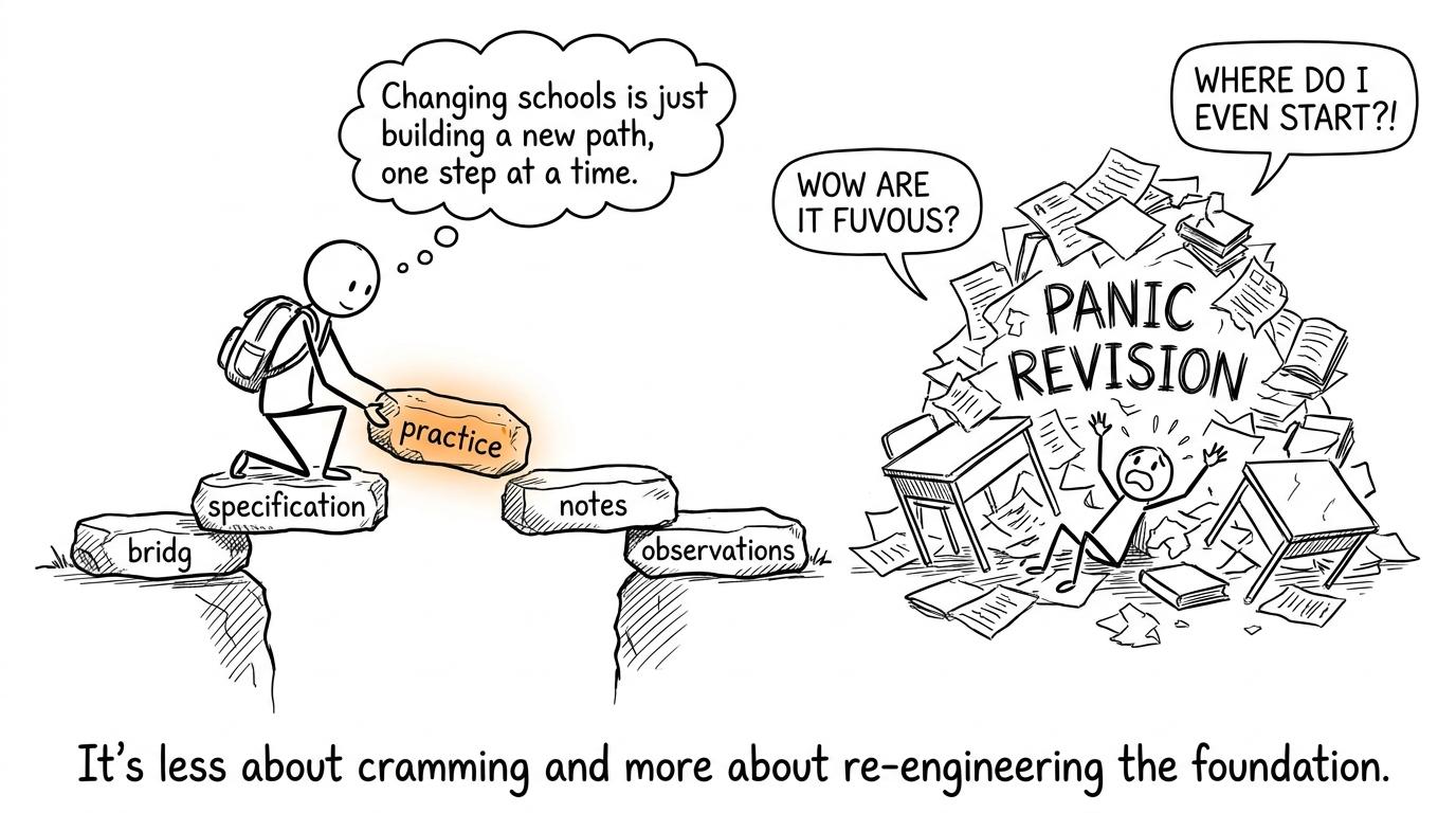 A student builds a calm bridge from specification, notes, observations and practice