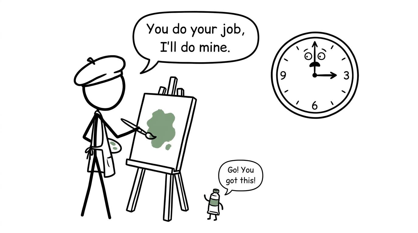 An art student calmly negotiates with a wall clock