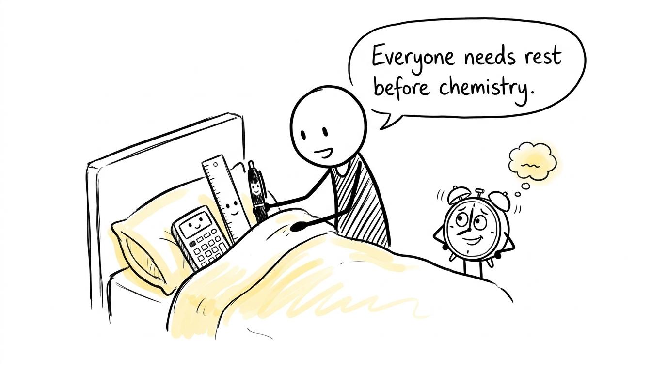 A student tucks a calculator and ruler into bed before the Chemistry exam