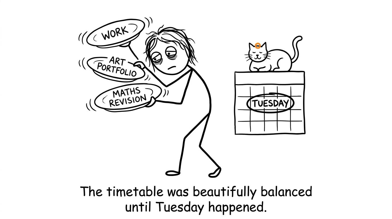 A learner balancing work, an art portfolio and maths revision