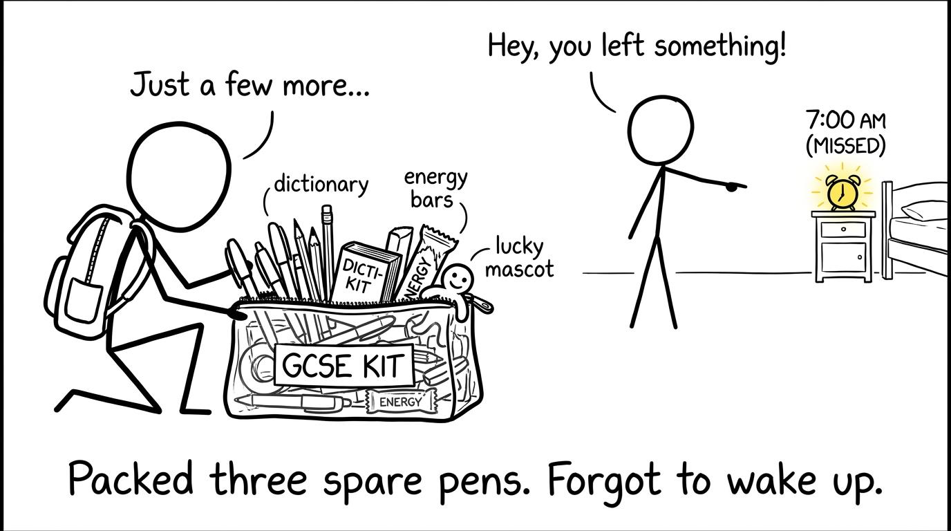 A student remembers spare pens but nearly forgets to wake up