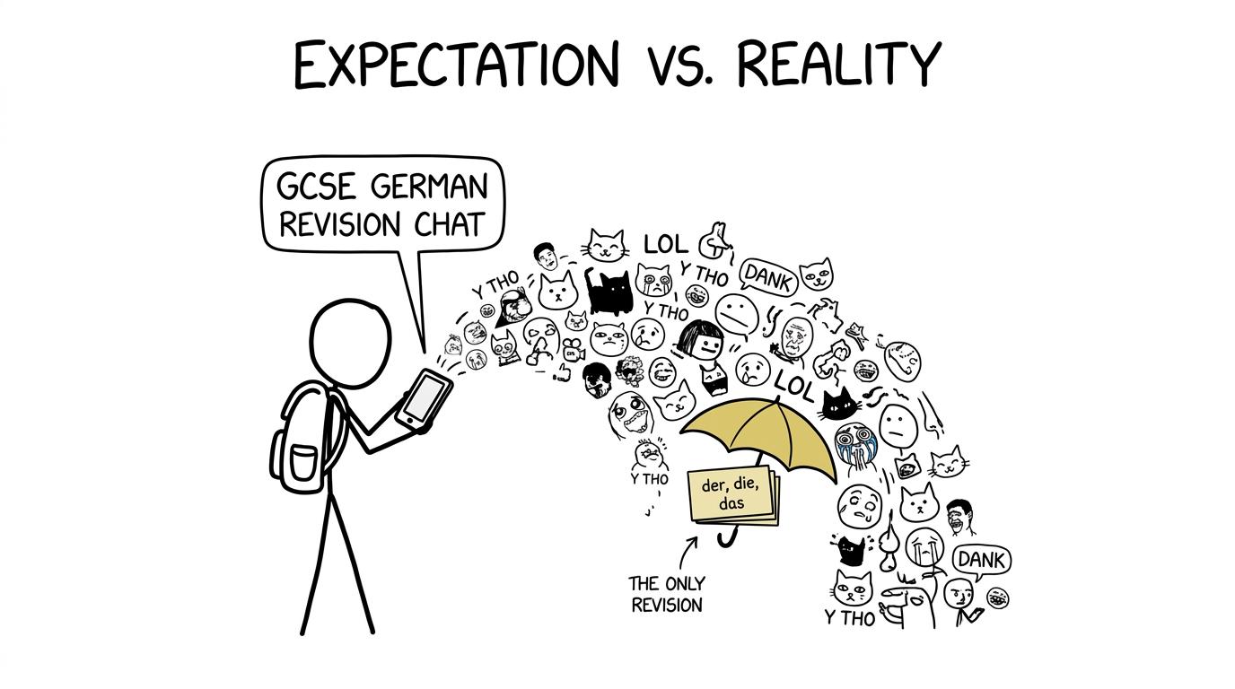 A student faces an avalanche of memes while one German flashcard tries to stay useful