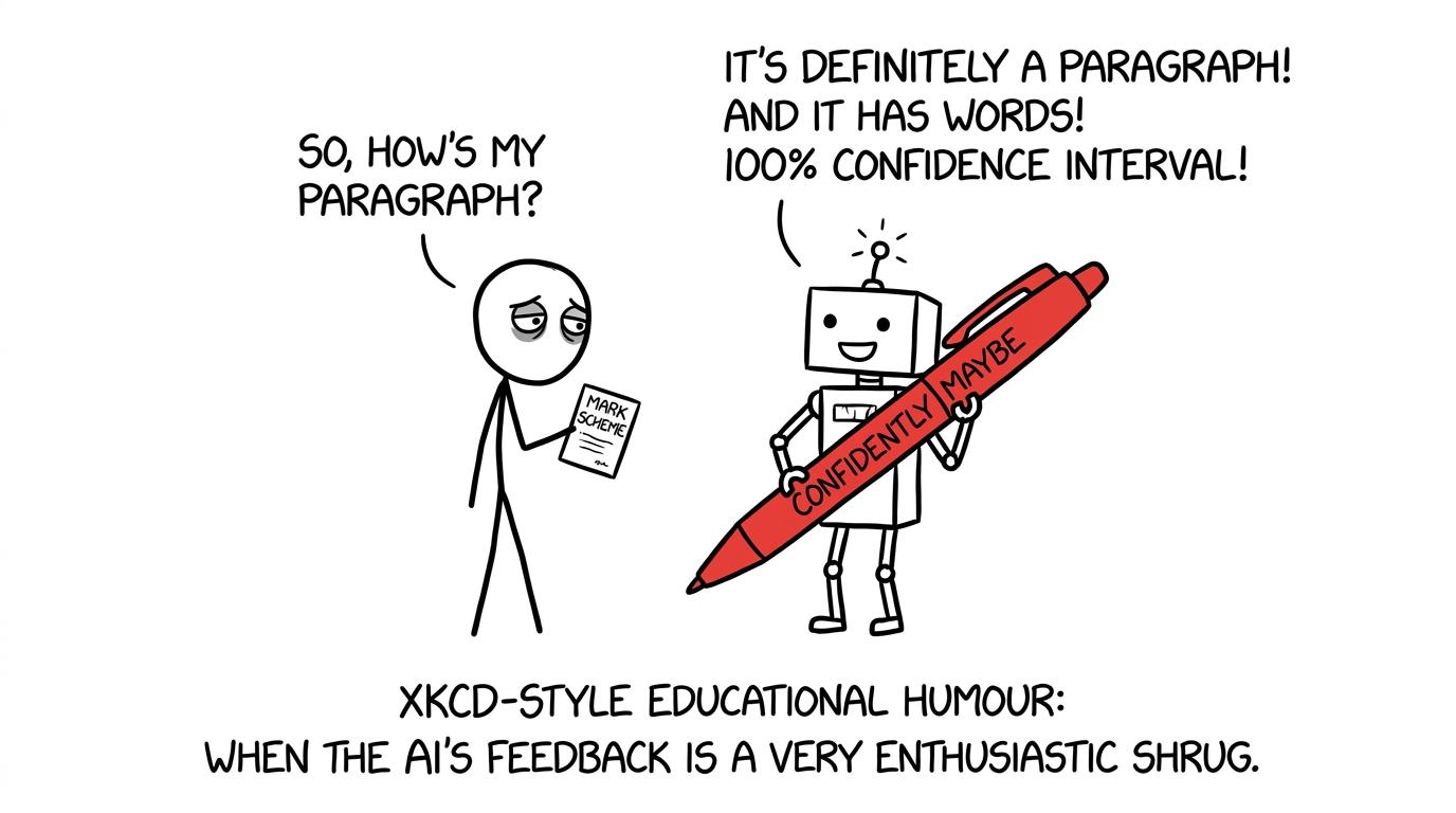 A student checks an overconfident robot's feedback against a mark scheme