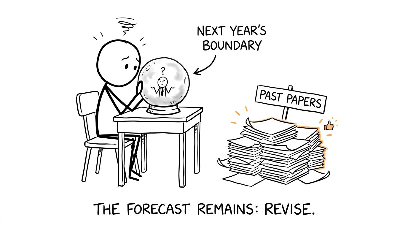 A crystal ball fails to predict next year's boundary while the past-paper pile waits patiently