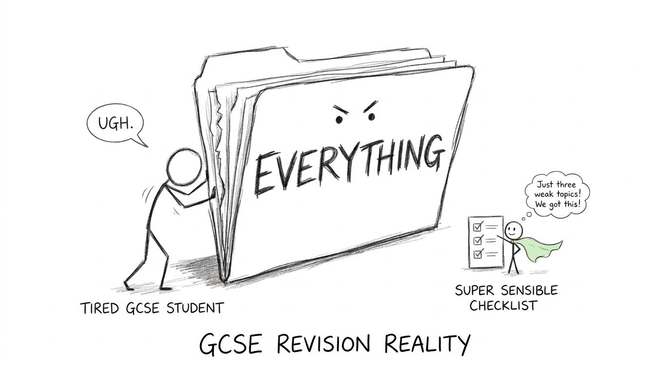 A small revision checklist bravely faces an enormous folder labelled everything