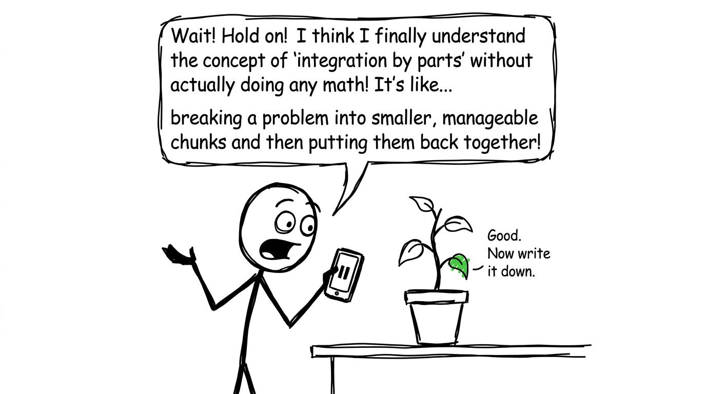 A student pauses an audiobook to explain a maths method to a houseplant, which asks them to write it down