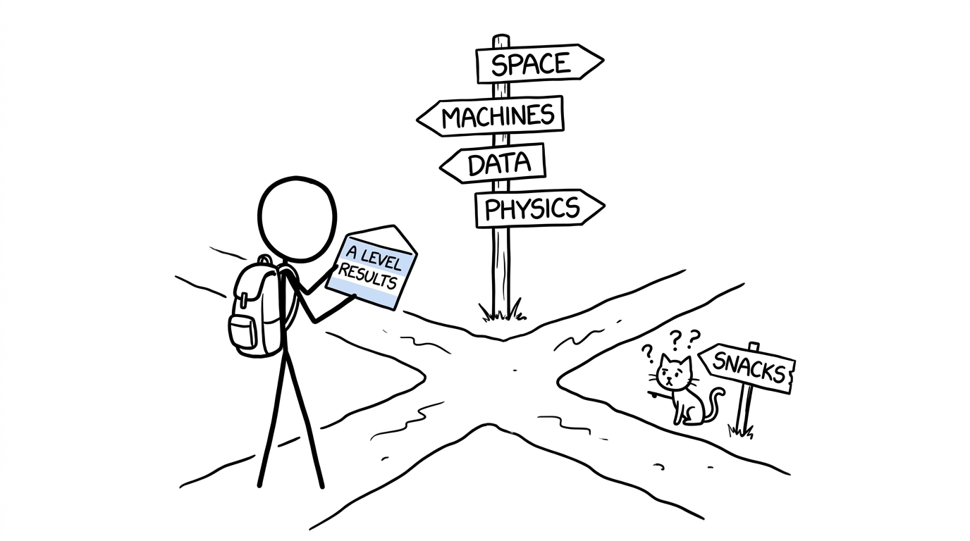 A student choosing between physics-related university routes while a cat recommends snacks