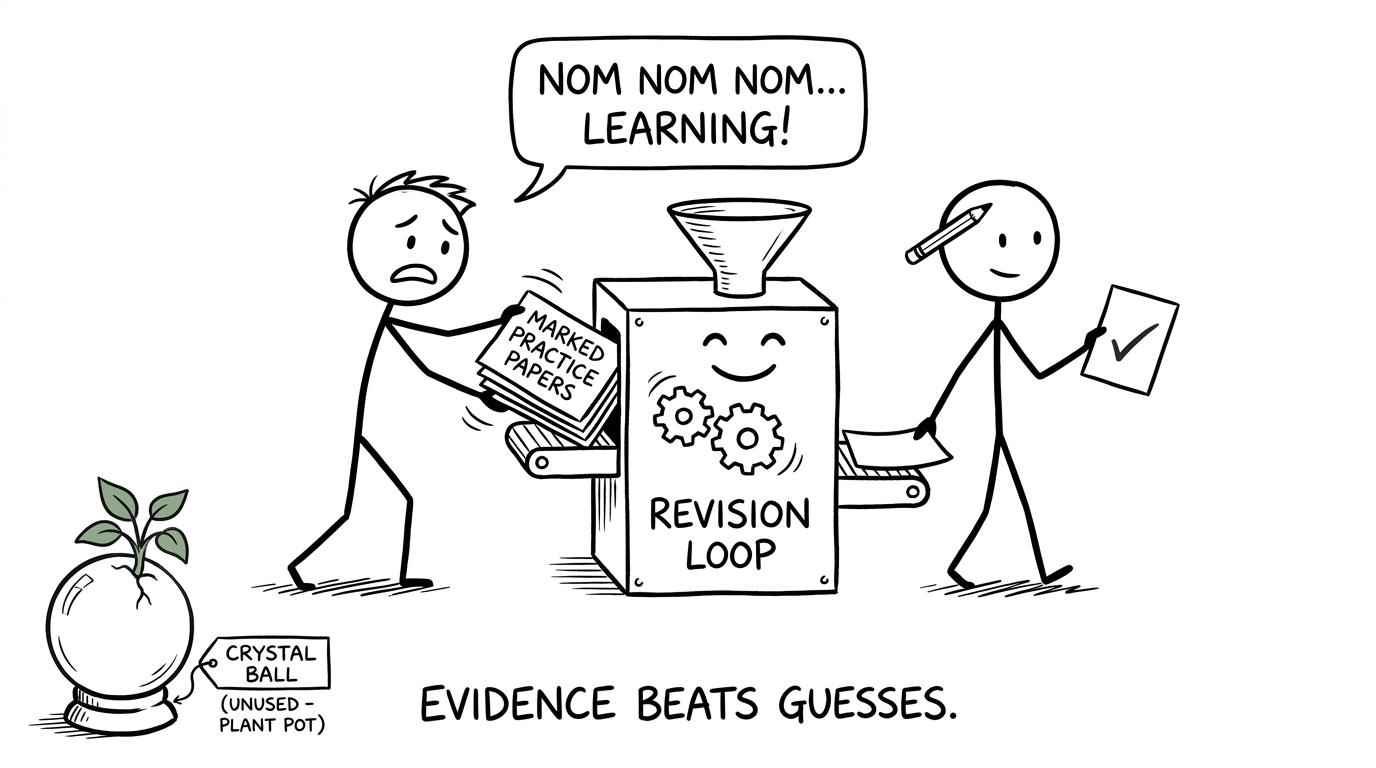Marked papers enter a revision machine while the crystal ball becomes a plant pot