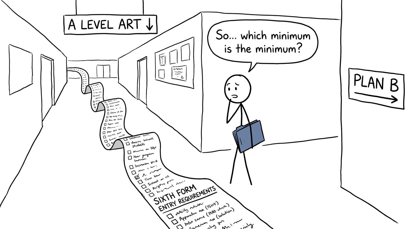 A student choosing between sixth-form routes while holding an art portfolio