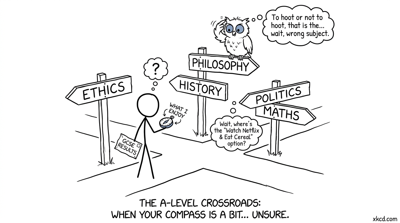A student facing a humorous crossroads of A-level options