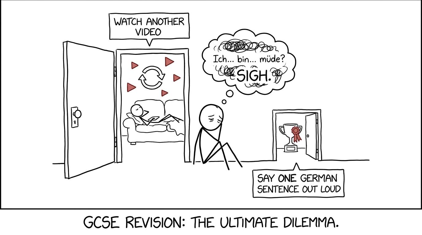 A GCSE student choosing between another video and speaking German aloud
