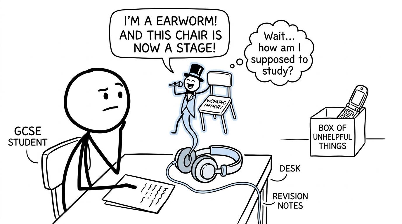 A cartoon singer escaping from headphones and stealing the student's working-memory chair