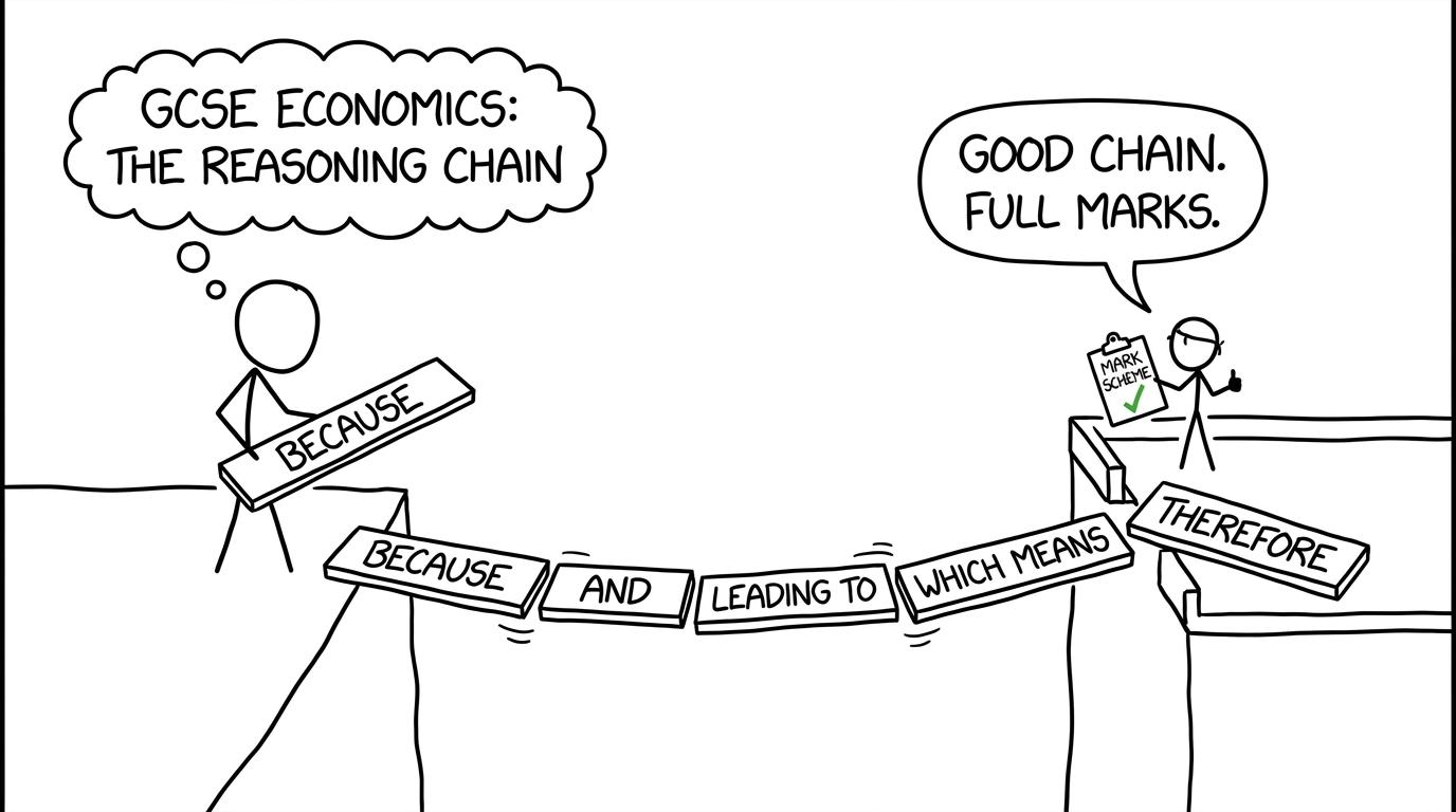 A bridge made from because and therefore carries reasoning towards the mark scheme