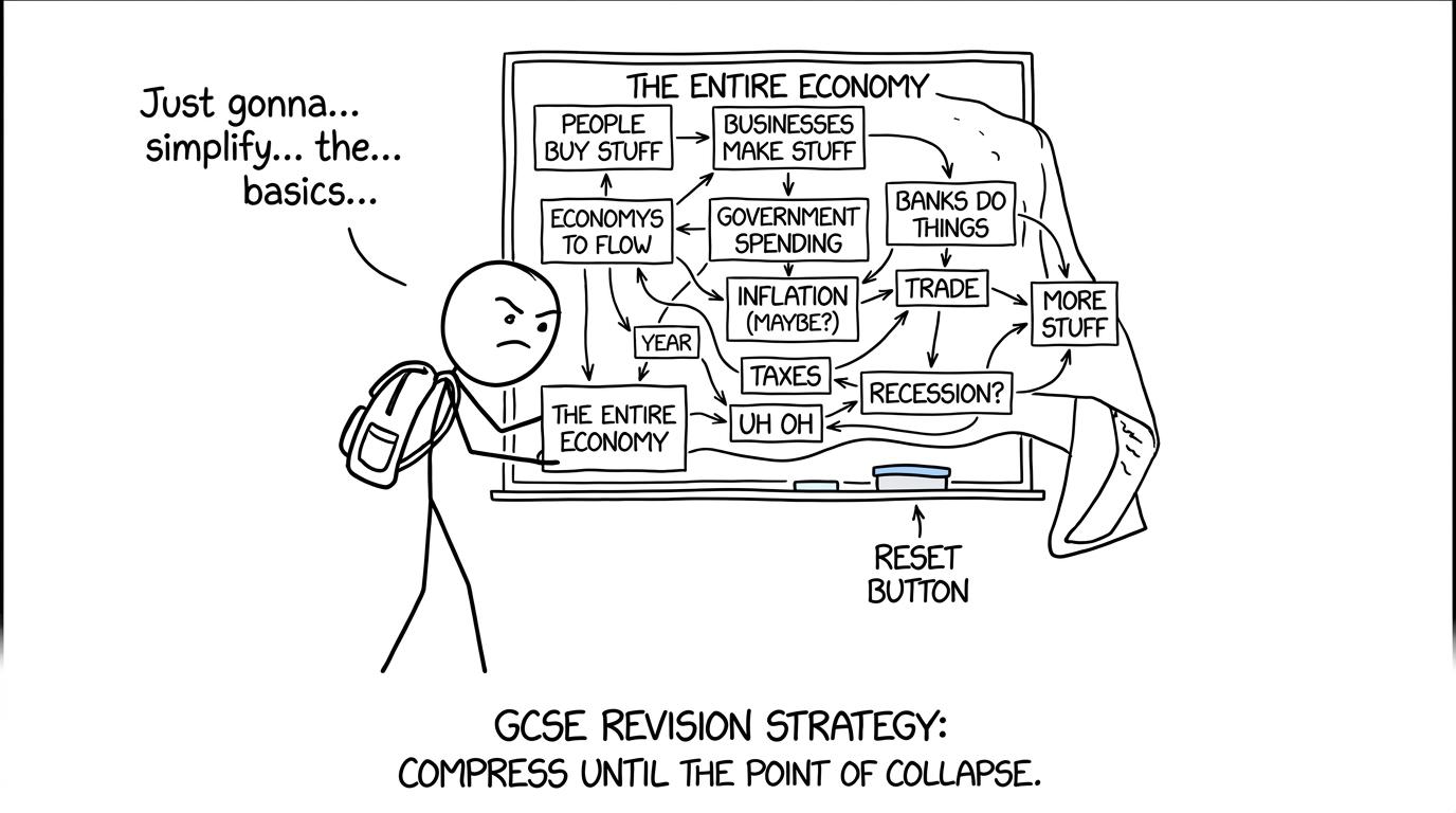 A student trying to fit the entire economy onto a tiny whiteboard