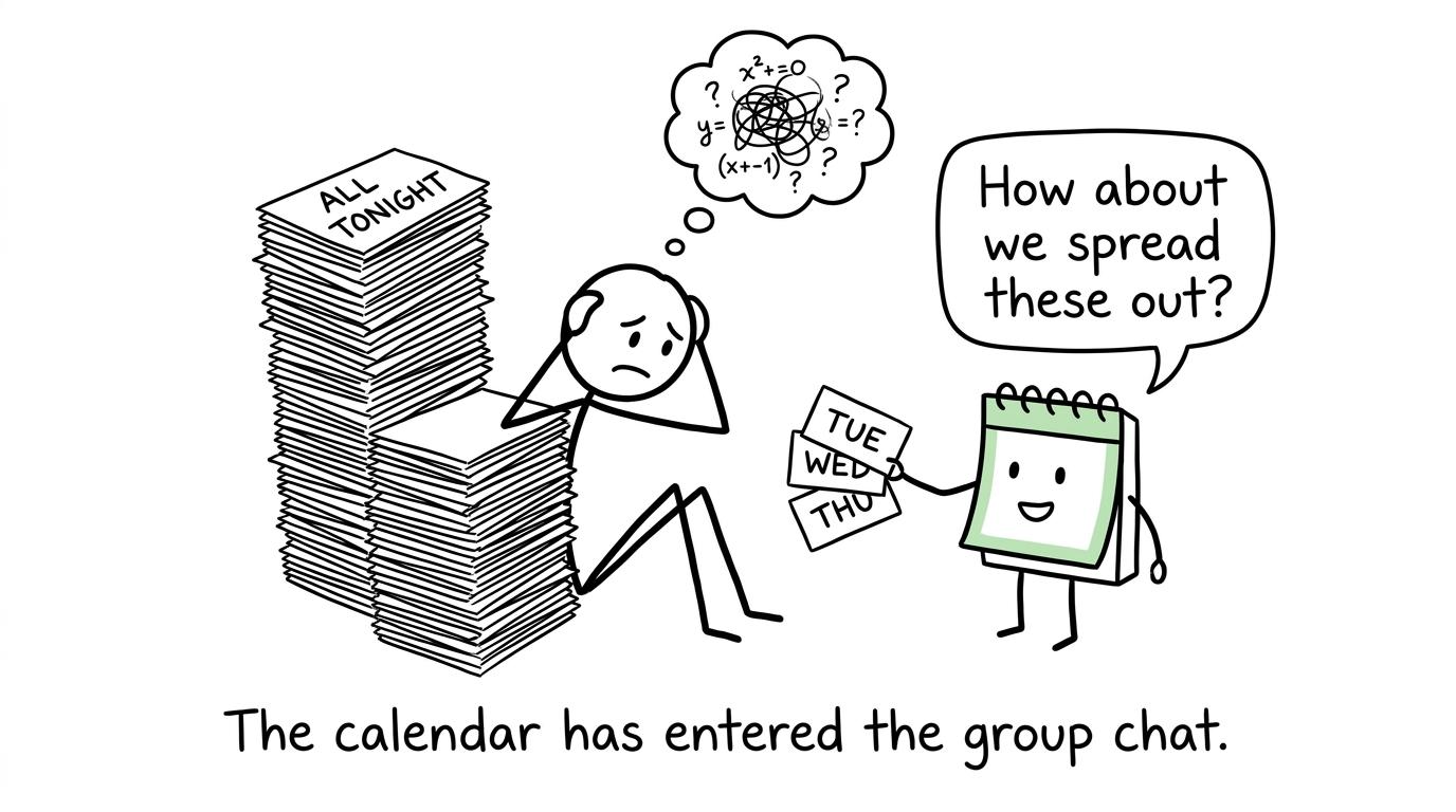 A student chooses a calm calendar instead of revising every chemistry card at once