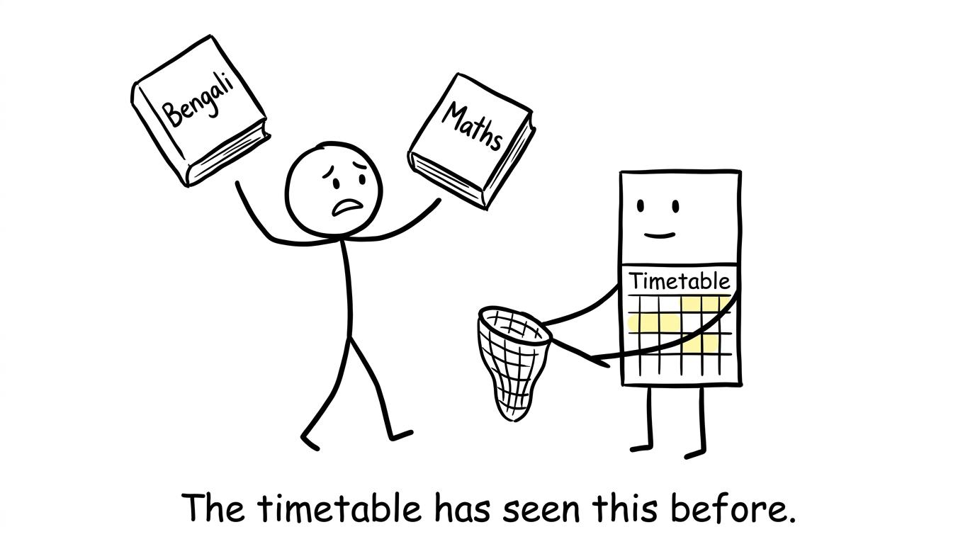 A weekly timetable catches a student juggling Bengali and maths revision