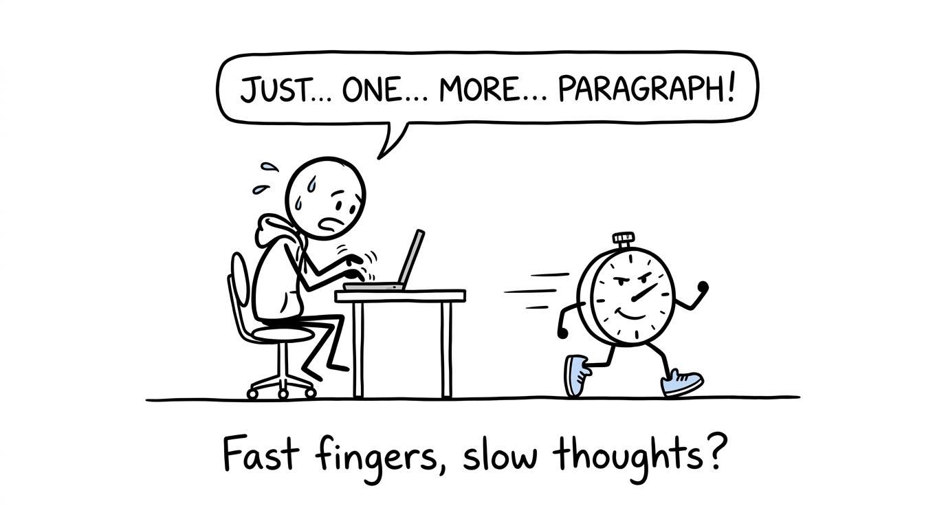 A student races a timer while typing, as the timer asks whether fast fingers mean fast thoughts
