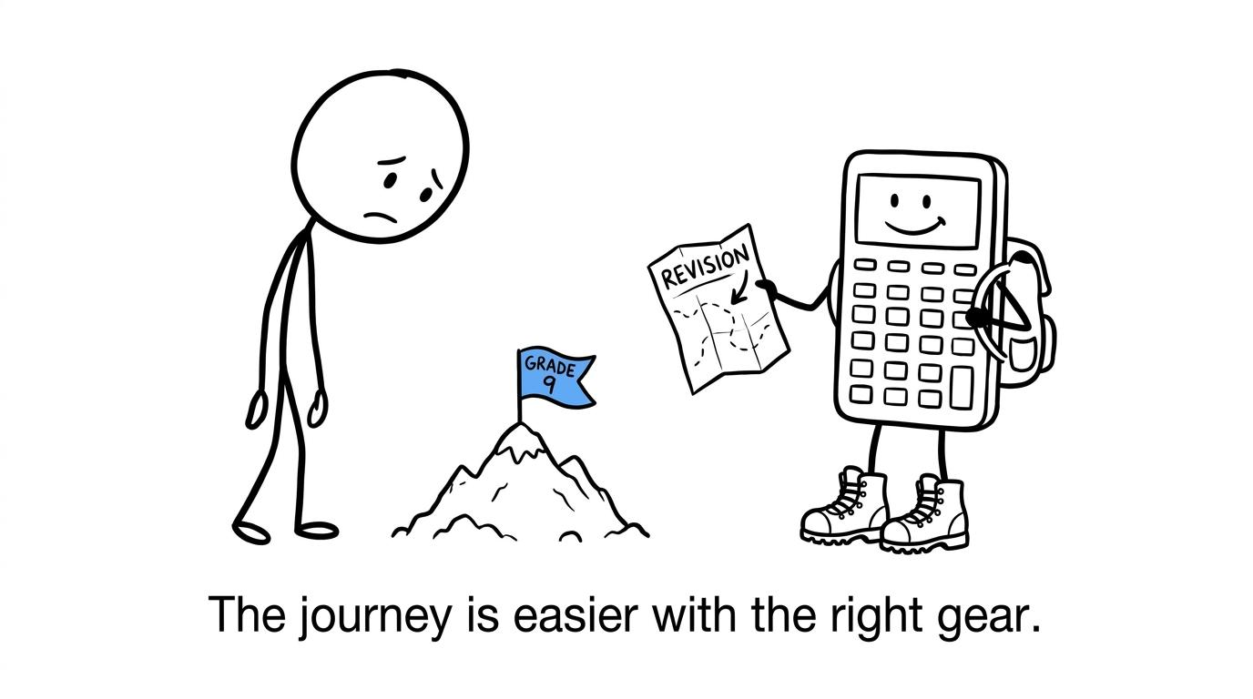 A student and calculator climbing towards a Grade 9 summit