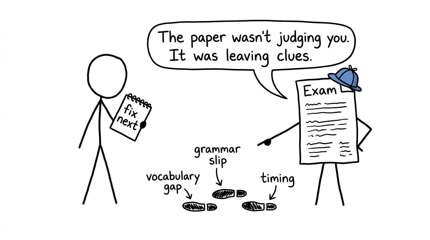 A mock paper dressed as a detective leaves clues about revision weaknesses