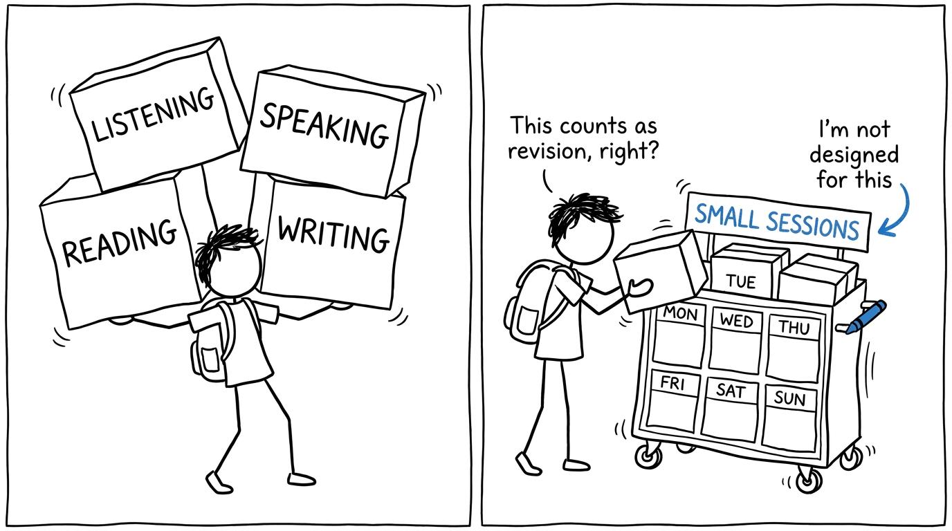 A student places listening, speaking, reading and writing into manageable weekly sessions