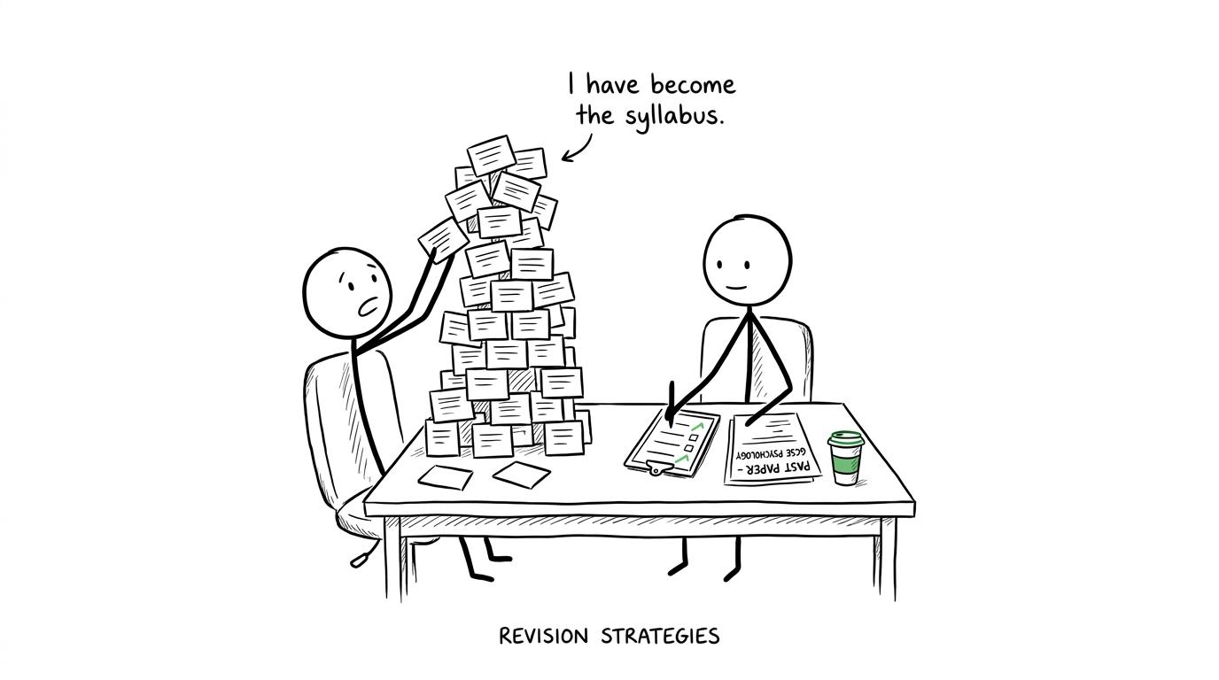 One student building a flashcard tower while another uses a calm revision checklist