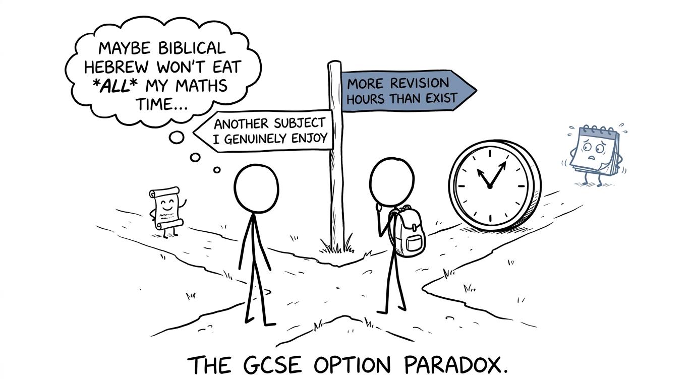 A student choosing between an enjoyable subject and an impossible revision workload