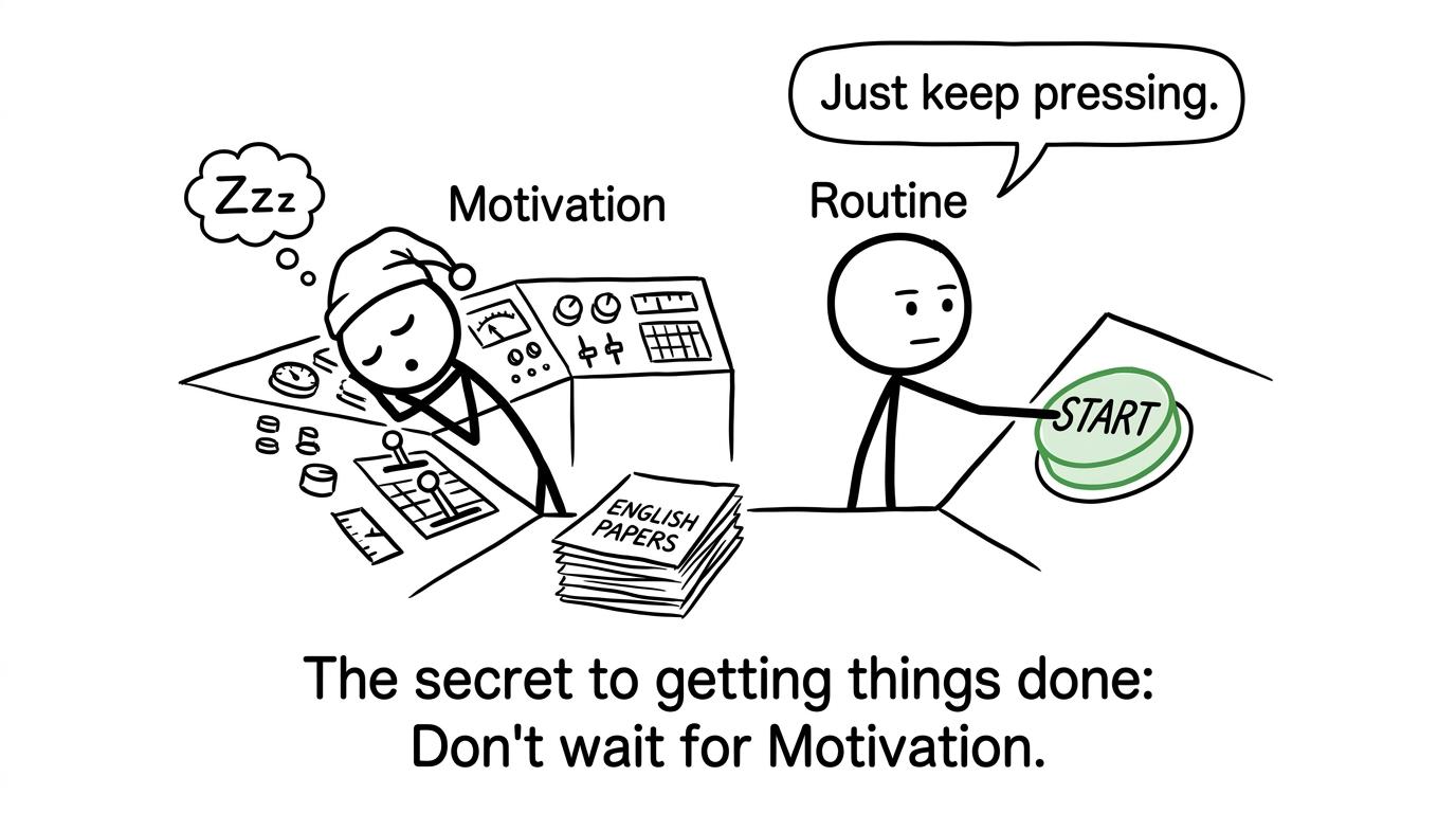 Routine calmly starts the revision session while motivation sleeps