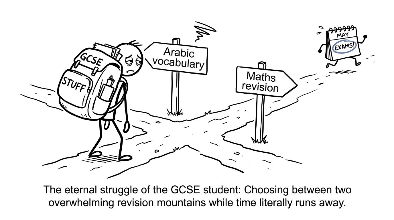 A student choosing between Arabic vocabulary and maths revision while an overloaded school bag looks on