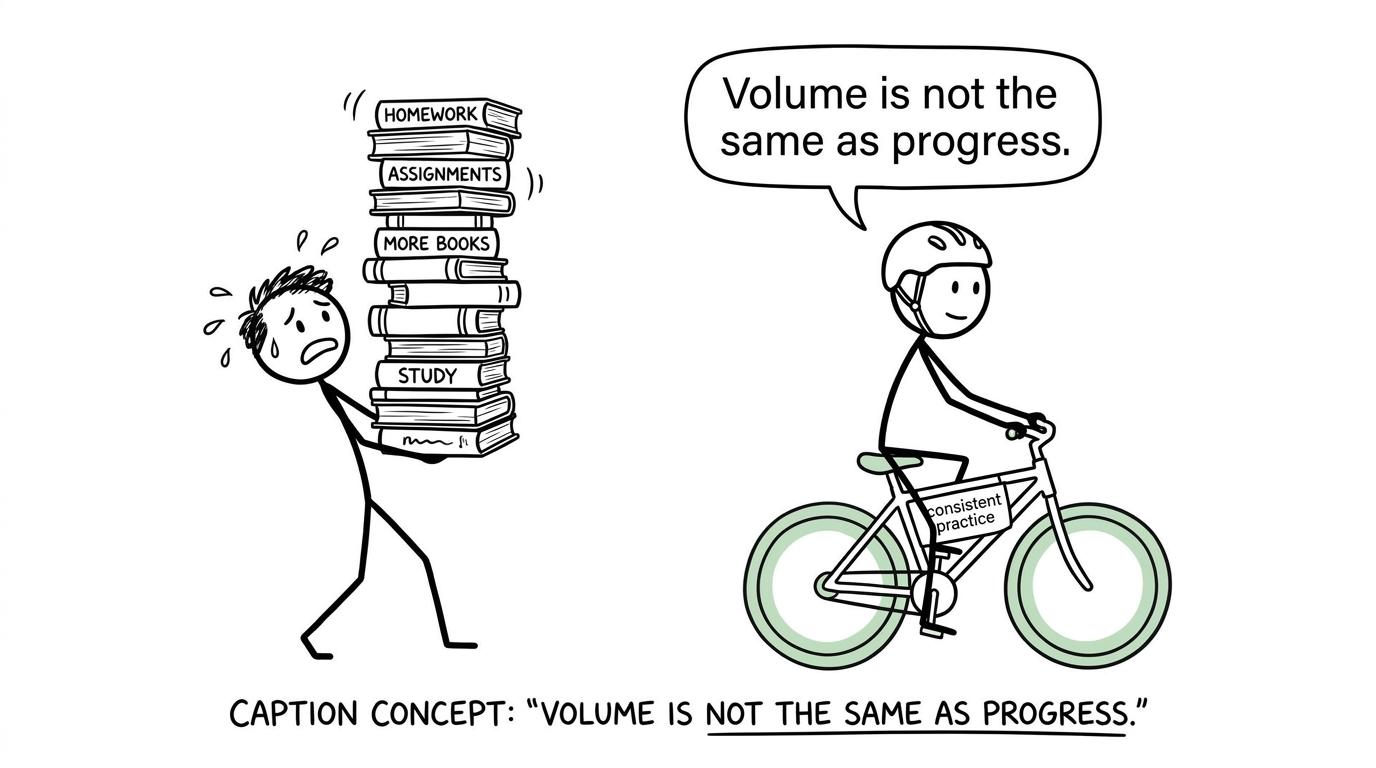 A calm student on a consistency bicycle passes an enormous tower of homework books
