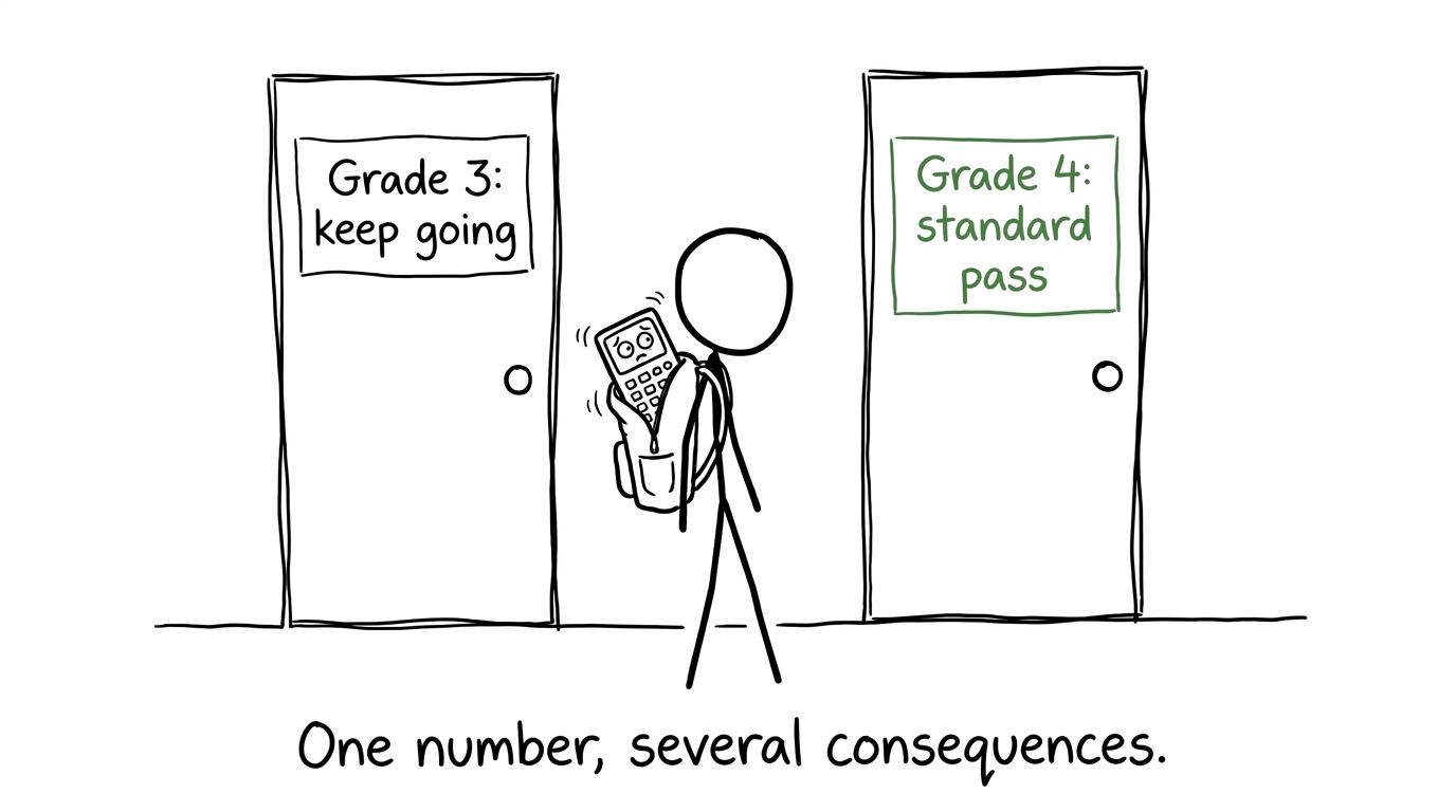A student choosing between grade 3 and the standard-pass door
