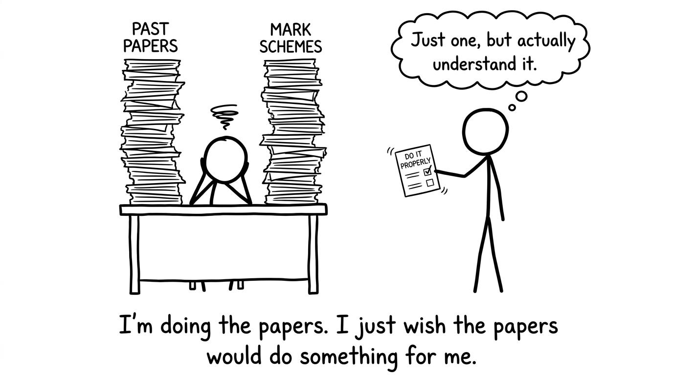A student facing a mountain of past papers and a tiny checklist
