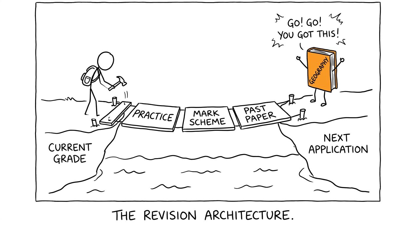 A student builds a revision bridge using practice, mark schemes and past papers