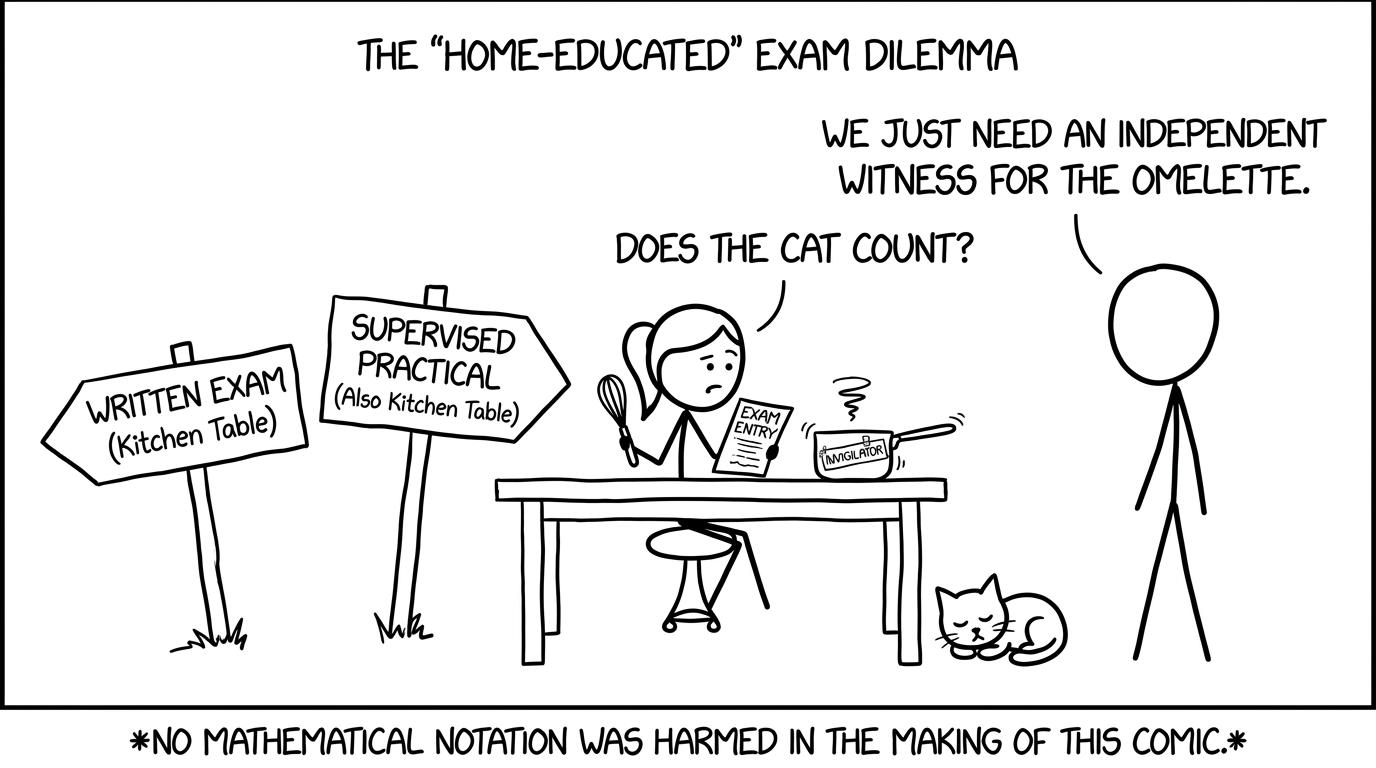 A home-educated student choosing between a written exam and a supervised practical