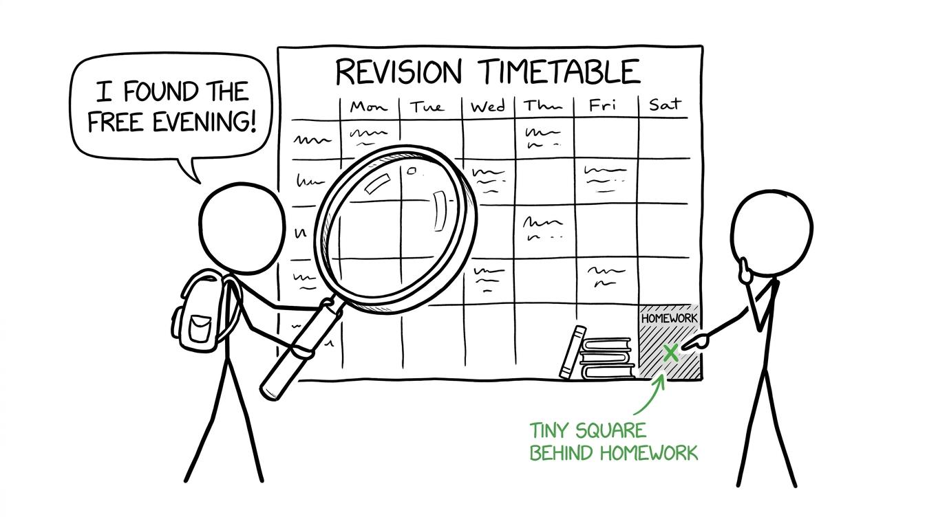 Students searching a crowded revision timetable for free time