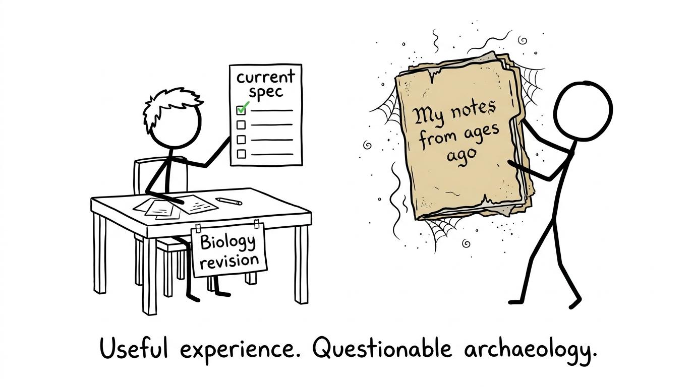 An older sibling offers ancient biology notes while a student checks the current specification