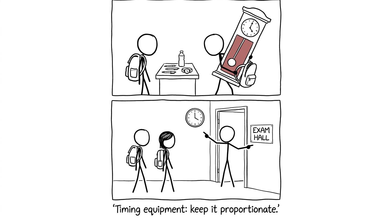 One student packs sensible exam equipment while another attempts to bring an entire grandfather clock