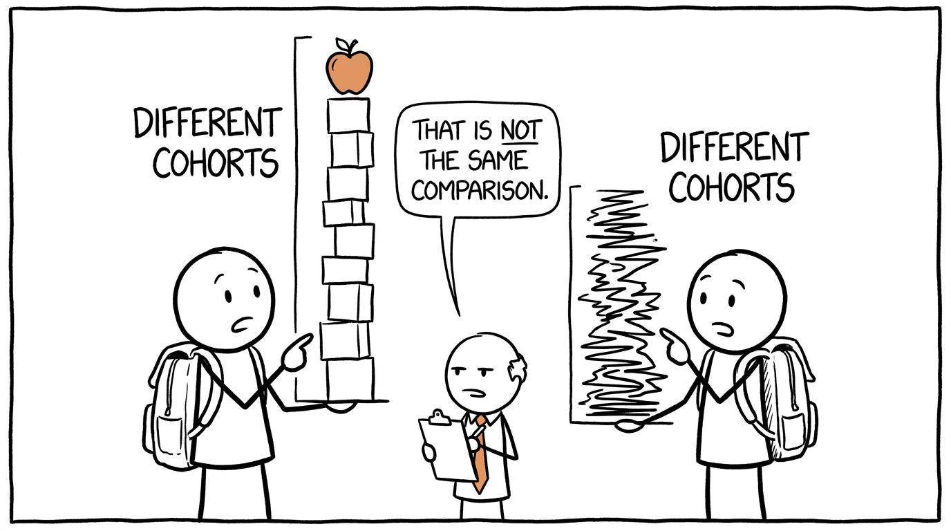 Students comparing charts for different candidate groups while an examiner questions the comparison