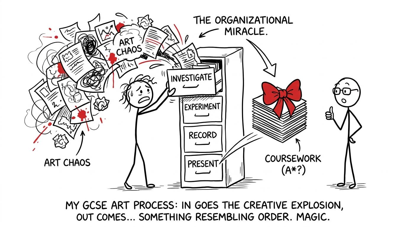 Chaotic art pages become organised through four assessment-objective drawers
