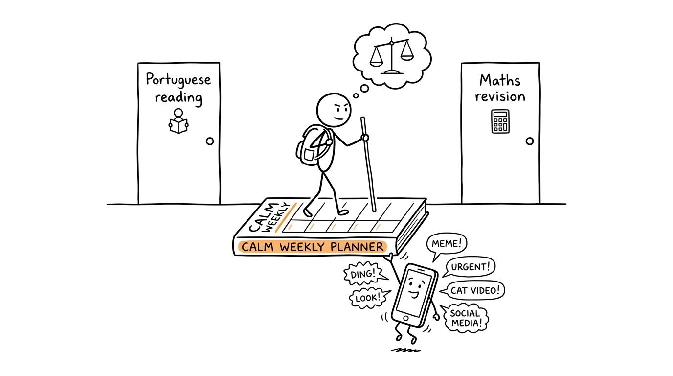 A student using a weekly planner as a bridge between Portuguese and maths revision