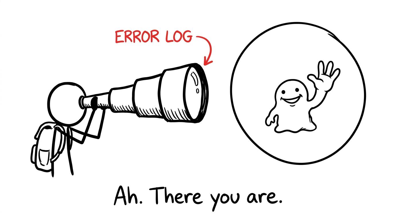 A student uses an error log as a telescope and finally spots a friendly mistake monster