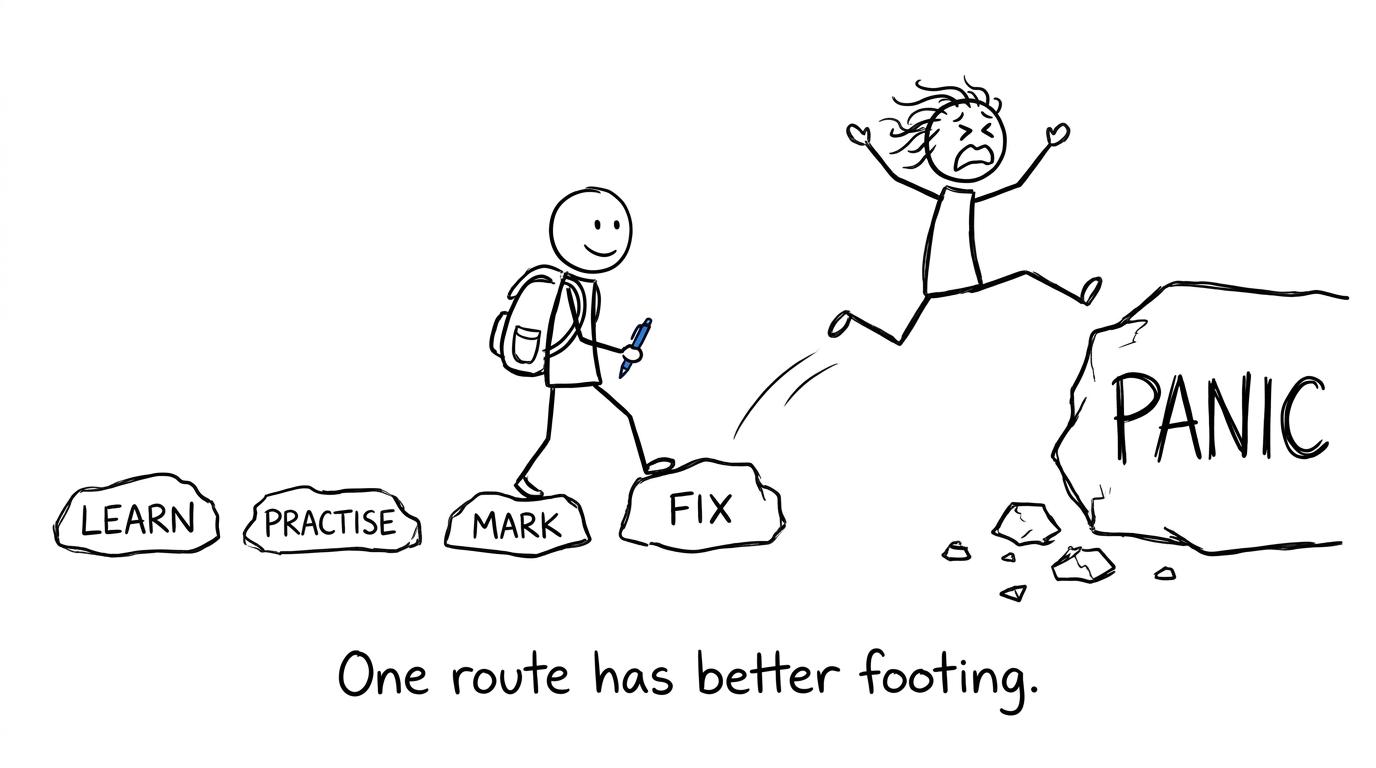 A calm revision route compared with a leap towards panic