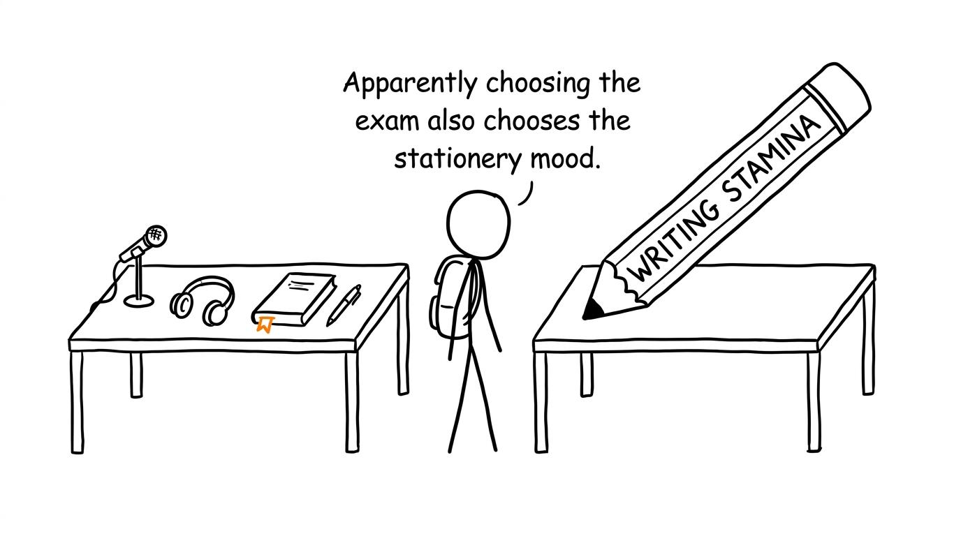 Two revision desks prepared for very different language assessments