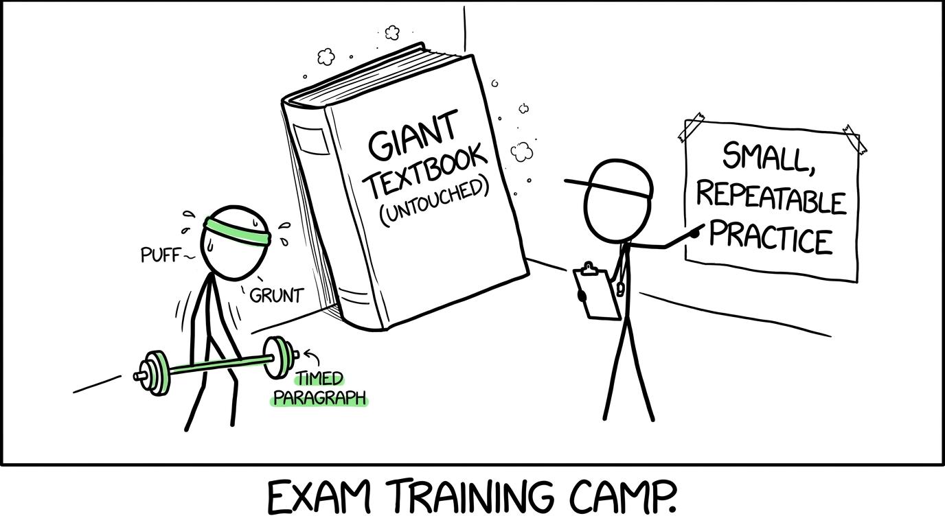 A student builds exam stamina through small repeatable practice rather than wrestling a giant textbook
