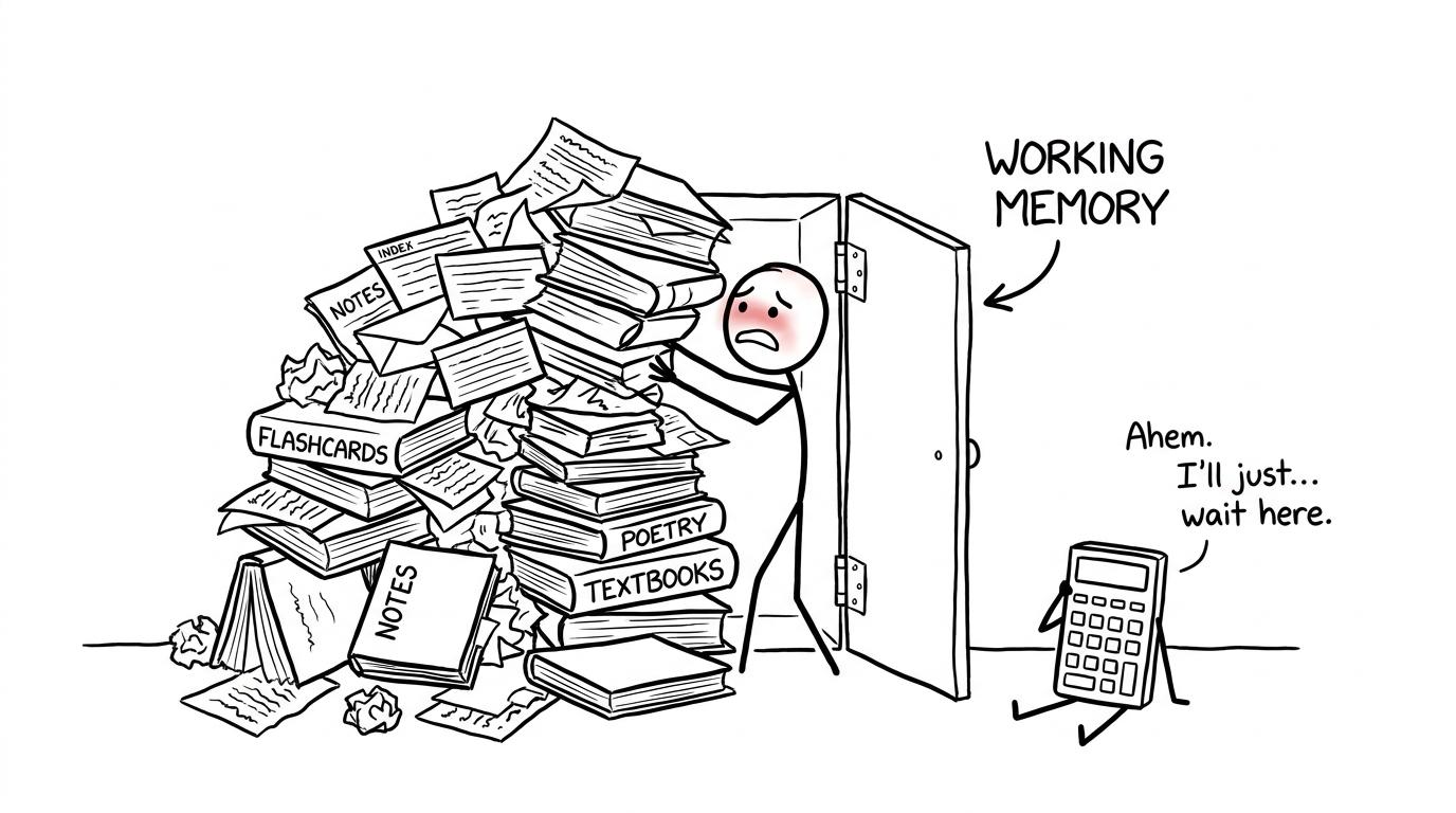 A student attempting to squeeze books and poetry notes into a cupboard labelled working memory