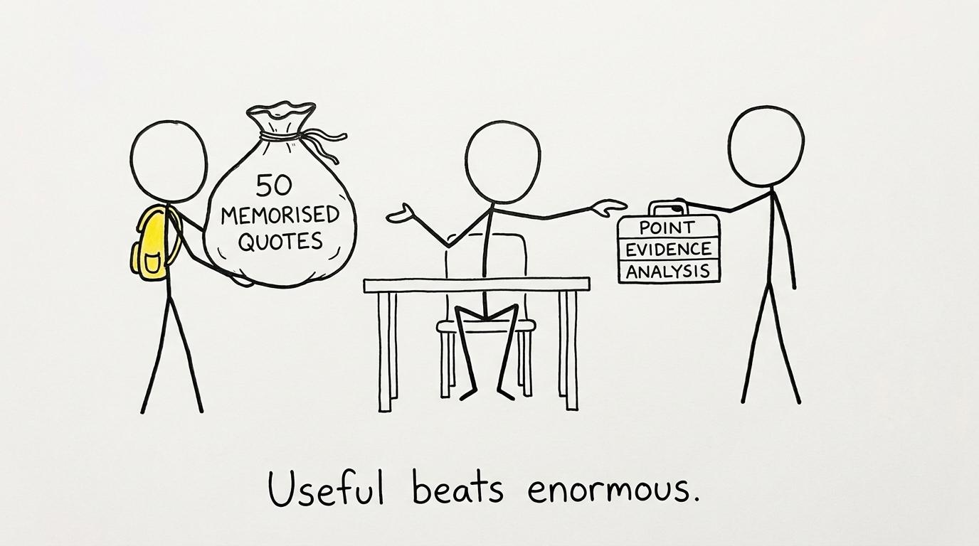 An examiner choosing a compact analysis toolbox over an enormous sack of memorised quotations