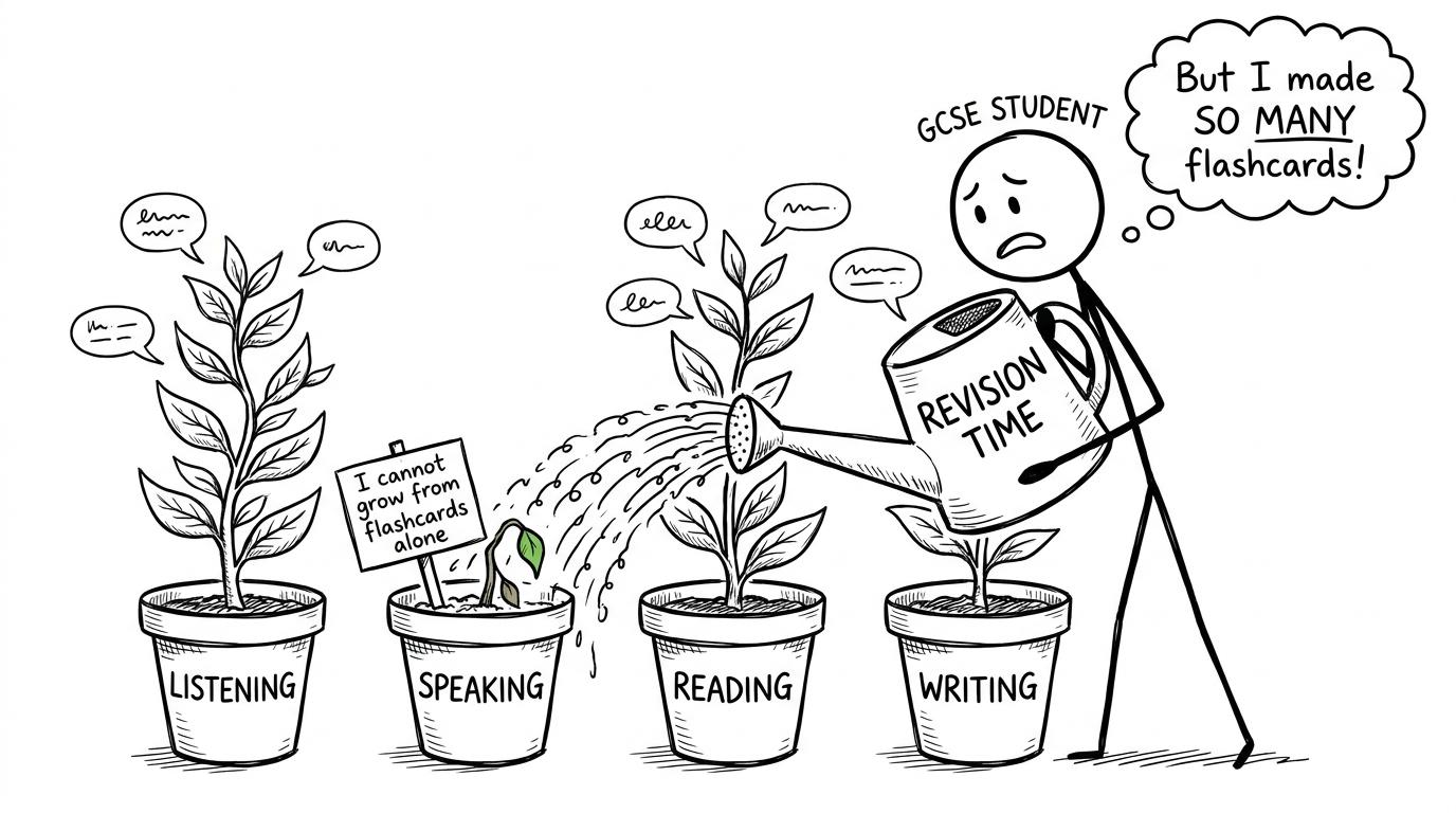 Four revision plants receive equal attention while speaking asks for more than flashcards