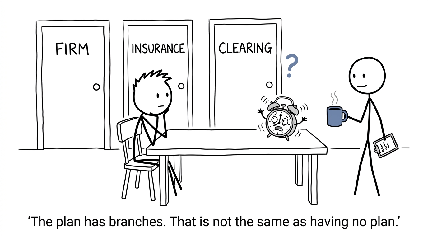 A student choosing between firm, insurance and Clearing doors while a parent holds a checklist