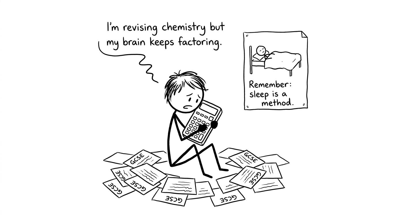 Stressed student revising with calculator comfort blanket